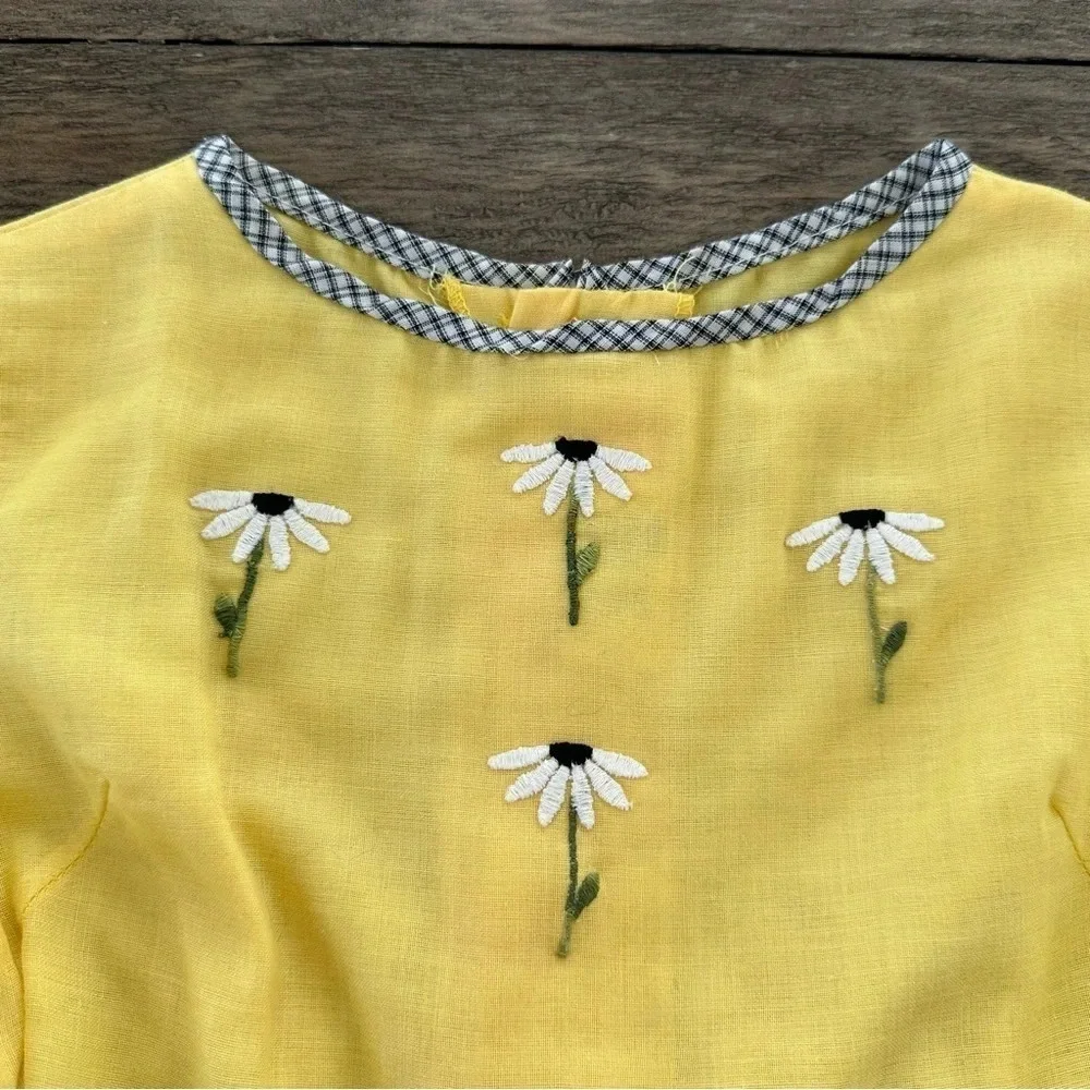 Vintage‎ Ruth of Carolina Girls 6X Yellow Daisy Embroidered Plaid Dress USA Made